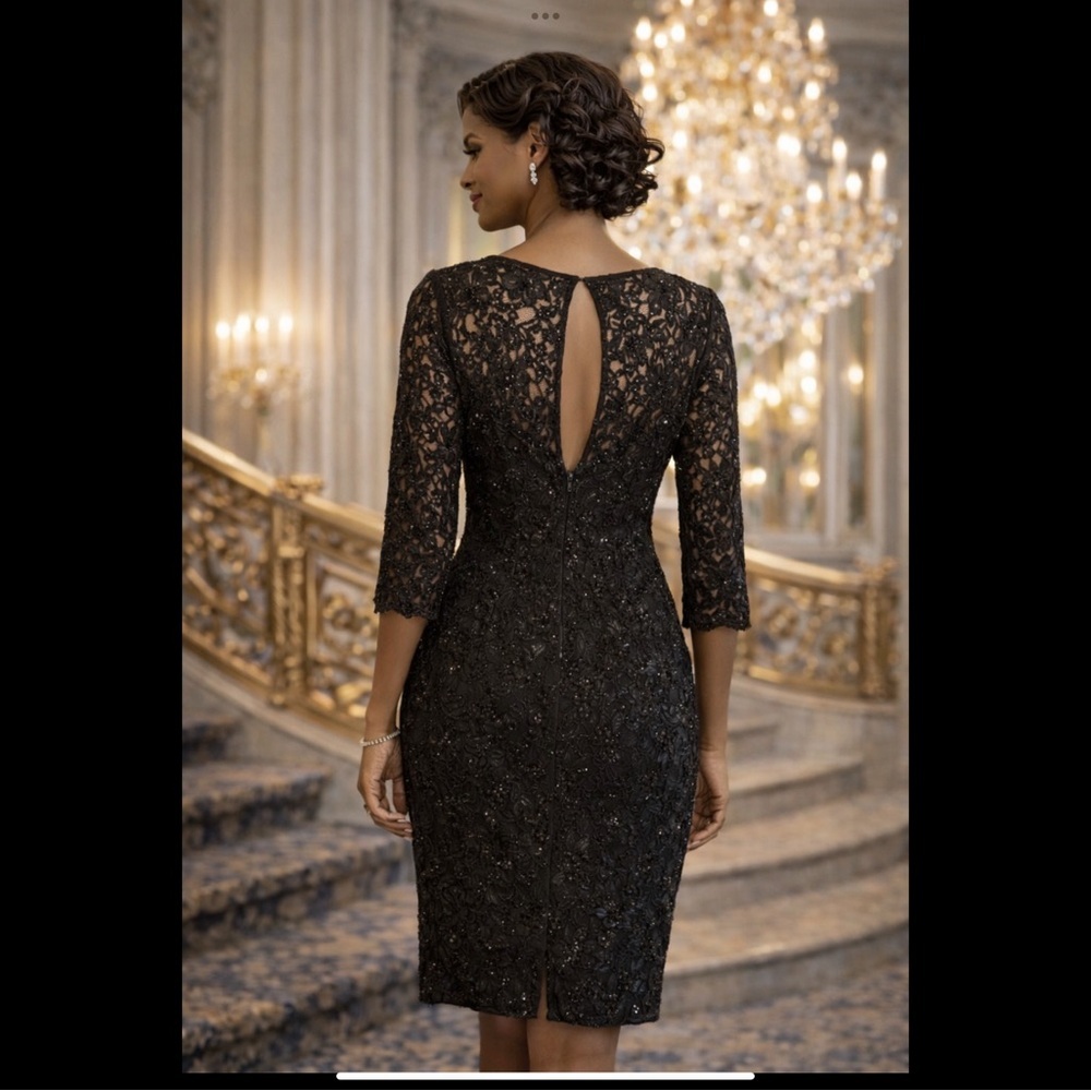 Carmen Marc Valvo Black Lace Sheath Dress Size 4 MOB MOG Evening - Picture 4 of 16